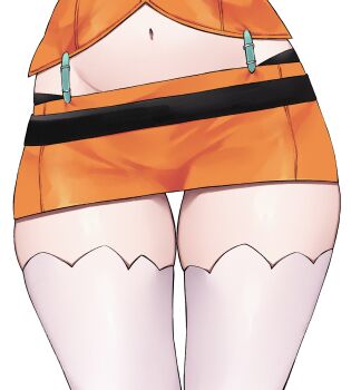 1girl absurdres close-up crotch_focus highres hololive hololive_english miclipse microskirt midriff miniskirt navel orange_skirt simple_background skirt solo suspender_skirt suspenders takanashi_kiara takanashi_kiara_(1st_costume) thighhighs thighs virtual_youtuber white_background white_thighhighs