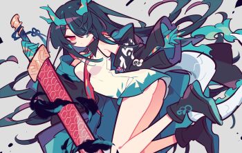 1girl ankle_boots arknights ass bare_legs bare_shoulders between_breasts black_boots black_coat black_hair boots breasts coat colored_extremities colored_skin commentary dragon_girl dragon_horns dragon_tail dress dusk_(arknights) frown green_coat green_skin grey_background hair_over_one_eye holding holding_sword holding_weapon horns ink long_hair looking_at_viewer necktie necktie_between_breasts off_shoulder one-hour_drawing_challenge red_eyes red_necktie simple_background solo sword tail two-sided_coat two-sided_fabric very_long_hair weapon white_dress ym_dpl