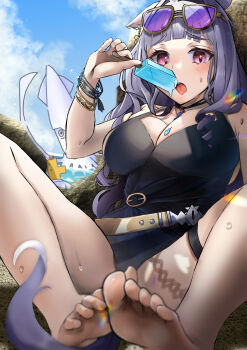 1boy 1girl absurdres against_rock animal_ears bare_shoulders barefoot black_one-piece_swimsuit blush bracelet breasts cleavage commentary_request ear_ornament eyewear_on_head feet food gold_ship_(run_revolt_launcher)_(umamusume) gold_ship_(umamusume) grey_hair highres holding holding_food horse_ears horse_girl horse_tail jewelry knees_up large_breasts long_hair looking_at_viewer one-piece_swimsuit open_mouth outdoors pink_eyes po_musubi popsicle soles solo_focus squid swimsuit t-head_trainer_(umamusume) tail thigh_strap toes trainer_(umamusume) umamusume