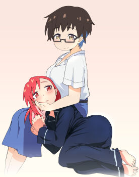 2020s 2025 ass blue_hair blush breasts brown_hair caressing_cheek feet glasses happy highres holding_person imari_youko kneeling lap_pillow large_breasts laying_head_on_another long_hair multicolored_hair pajamas pink_background pink_hair red_eyes red_hair ruri_no_houseki seat_(so_studios) seto_shouko short_hair sitting smile yellow_eyes yuri