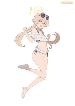 1girl :d artist_name artistic_error bad_feet bikini blue_archive blush breasts brown_hair chinese_commentary commentary_request eyewear_on_head full_body hair_ornament halo hifumi_(blue_archive) hifumi_(swimsuit)_(blue_archive) highres jumping lemon_tea_(15058751917) long_hair looking_at_viewer low_twintails navel off-shoulder_bikini off_shoulder official_alternate_costume open_mouth ribbon-trimmed_bikini ribbon_trim round_eyewear ruffle_bikini sandals side-tie_bikini_bottom simple_background small_breasts smile solo sunglasses swimsuit twintails upper_body white_background white_bikini white_sandals wing_hair_ornament winged_halo yellow_eyes yellow_halo