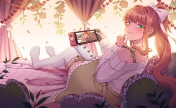 1girl armpit_crease asymmetrical_legwear bed_sheet blush bow brown_hair choker commentary curtains doki_doki_literature_club dot_nose dress_bow english_commentary eyelashes falling_petals flower frilled_pillow frilled_skirt frills garland_(decoration) green_bow green_eyes green_ribbon green_skirt hair_intakes hair_ribbon hand_on_own_face handheld_game_console heart heart-shaped_pillow high_ponytail highres holding holding_handheld_game_console legwear_garter light_smile long_hair long_sleeves looking_back midriff_peek mismatched_legwear monika_(doki_doki_literature_club) nintendo_switch off-shoulder_sweater off_shoulder official_art on_bed petals pillow ponytail puffy_long_sleeves puffy_sleeves red_flower red_rose ribbed_sweater ribbon rose rose_petals second-party_source shadow shoulder_strap sidelocks single_legwear_garter sitting skirt solo sweater thighhighs uneven_legwear white_choker white_ribbon white_sweater white_thighhighs yinyuszi