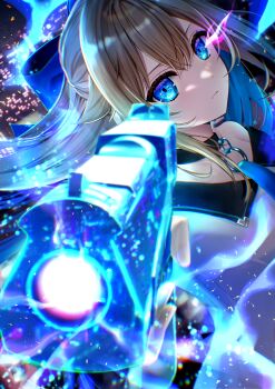 1girl absurdres aiming aiming_at_viewer aoe_ui bare_shoulders black_choker blonde_hair blue_eyes blue_necktie bow breasts choker city city_lights cleavage commentary_request crypto_blue_(aoe_ui) expressionless flaming_eye glowing glowing_eyes glowing_weapon gun hair_bow half_updo highres light_particles long_hair looking_at_viewer necktie off-shoulder_shirt off_shoulder original shirt upper_body weapon white_shirt