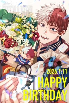 1boy bag blue_eyes boku_no_hero_academia bouquet burn_scar character_doll commentary_request confetti dated doll flower flower_request gift_bag grey_eyes happy_birthday heterochromia highres holding holding_bouquet male_focus multicolored_hair open_mouth red_flower red_hair salt_-_siomsb scar scar_on_face shopping_bag short_hair simple_background solo split-color_hair teeth todoroki_shoto two-tone_hair watermark white_background white_flower white_hair