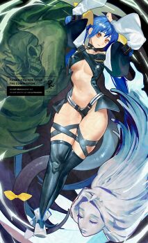 1boy 2girls absurdres arms_up black_panties black_thighhighs blue_hair breasts center_opening commentary dizzy_(guilty_gear) english_commentary guilty_gear guilty_gear_xx highres looking_at_viewer medium_breasts monster_girl multiple_girls nacaji necro_(guilty_gear) panties parted_lips red_eyes shoes tail thighhighs twintails underboob underwear undine_(guilty_gear) white_shoes