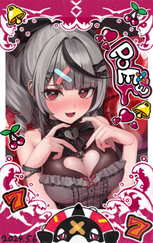 1girl four-finger_heart_hands :d balloon bare_shoulders black_bow black_bowtie black_dress black_hair black_nails blush bow bowtie breasts center_frills cleavage_cutout clothing_cutout dated dress drill_hair drill_ponytail ear_piercing fang frilled_dress frilled_shirt frills grey_hair grey_shirt hair_ornament hairclip heart heart-shaped_lock heart_balloon heart_cutout heart_hands highres hololive inu_(sakamata_chloe) jirai_kei large_breasts looking_at_viewer multicolored_hair nail_polish nattoushouyu3 official_alternate_costume open_mouth piercing polaroid_photo sakamata_chloe sakamata_chloe_(jirai_kei) shirt side_ponytail sleeveless sleeveless_dress smile solo spike_piercing streaked_hair upper_body virtual_youtuber wavy_hair x_hair_ornament