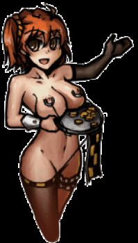 1girl ahoge animated animated_gif asymmetrical_gloves asymmetrical_legwear bouncing_breasts breasts brown_eyes character_request coin collarbone completely_nude cowboy_shot darkest_dungeon detached_sleeves elbow_gloves gloves holding holding_plate hostess jefuty_(artist) large_breasts linked_piercing looking_at_viewer lowres navel nipple_piercing no_bra no_panties nude nude_mod orange_hair piercing plate pussy_piercing side_ponytail smile solo thigh_strap thighhighs transparent_background