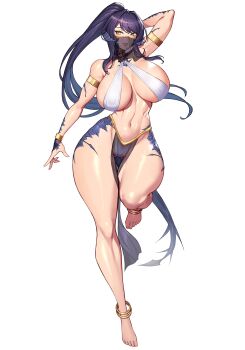 1girl absurdres anklet arm_behind_head armlet au_ra barefoot bracelet breasts brown_eyes commission dancer dragon_horns dragon_tail eyebrows_hidden_by_hair final_fantasy final_fantasy_xiv gluteal_fold gurimjang highres horns jewelry large_breasts lips long_hair looking_at_viewer navel open_mouth pelvic_curtain pixiv_commission purple_hair revealing_clothes sapphira_nyx scales simple_background smile solo standing standing_on_one_leg stomach tail toes very_long_hair warrior_of_light_(ff14) white_background wide_hips