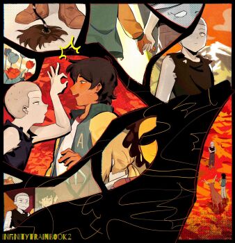 Rule 34 | 2boys, 2girls, a-kai202, alan dracula, autumn leaves, black hair, black shirt, blonde hair, blue jacket, blush, brown hair, buzz cut, closed mouth, cloud, colored skin, commentary, copyright name, dark-skinned male, dark skin, deer, english commentary, flower, from side, grace monroe, grey eyes, grey hair, grey pants, grey skin, highres, holding hands, infinity train, jacket, jesse cosay, leaf, letterman jacket, metal skin, mirror tulip (infinity train), mountain, multiple boys, multiple girls, multiple views, open clothes, open jacket, open mouth, orange flower, orange sky, pants, ponytail, shirt, short hair, simon laurent, sky, sleeveless, sleeveless shirt, sweatdrop, terrance (infinity train), toad (animal), torn clothes, torn shirt, very short hair, white shirt