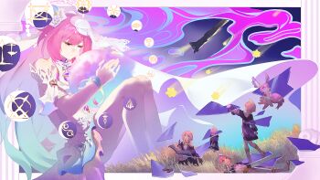 5girls blue_eyes blue_sky bridal_veil chinese_commentary coat commentary_request cyrene_(aedes_elysiae)_(honkai:_star_rail) cyrene_(honkai:_star_rail) cyrene_(ripples_of_past_reverie)_(honkai:_star_rail) dress gradient_hair hair_ornament highres holding_planet honkai:_star_rail honkai_(series) long_hair lying mem_(honkai:_star_rail) moxingyu661 multicolored_hair multiple_girls multiple_persona on_back pink_hair purple_coat short_hair sky smile thighs veil very_long_hair wheat wheat_field white_dress white_hair