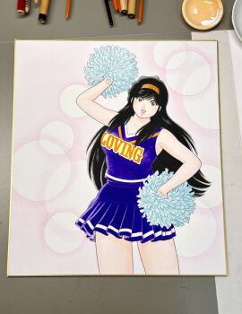 Rule 34 | 1girl, arm up, art tools in frame, asaoka natsumi, black hair, blue shirt, blue skirt, brown eyes, cheerleader, clothes writing, commentary request, cowboy shot, hairband, hand on own hip, highres, long hair, looking at viewer, miniskirt, miura mitsuru, official artist extra, open mouth, orange hairband, pom pom (cheerleading), shirt, skirt, sleeveless, sleeveless shirt, smile, solo, standing, teeth, the kabocha wine, traditional media, upper teeth only, v-neck