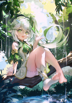 1girl absurdres arm_support bare_shoulders bloomers blush cross-shaped_pupils crystalfly_(genshin_impact) day dress feet floating_hair full_body genshin_impact golem_(he_ji_gao) gradient_hair green_eyes green_hair hair_between_eyes highres in_tree looking_at_viewer multicolored_hair nahida_(genshin_impact) nature open_mouth outdoors pointy_ears side_ponytail single_sock sitting sitting_in_tree sleeveless sleeveless_dress socks solo stirrup_legwear symbol-shaped_pupils teeth thighs toeless_legwear toes tree underwear upper_teeth_only water wet white_bloomers white_hair white_socks