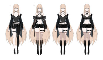 Rule 34 | 1girl, absurdres, asymmetrical clothes, bare shoulders, black boots, black choker, black jacket, black shirt, black shorts, blonde hair, blue eyes, boots, breast tattoo, breasts, brown thighhighs, choker, cleavage, closed mouth, corset, criss-cross halter, crop top, full body, halterneck, hibiwa, highleg, highres, jacket, knee boots, large breasts, long hair, long sleeves, looking at viewer, midriff, multiple views, navel, off shoulder, open clothes, open jacket, original, panty straps, shirt, short shorts, shorts, simple background, single pantsleg, sleeveless, sleeveless shirt, smile, stomach, tattoo, thigh strap, thighhighs, thighs, torn clothes, torn shorts, very long hair, white background