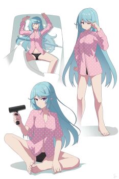 1girl absurdres breasts commentary_request epsilon_(kagejitsu) full_body hair_between_eyes hair_dryer highres kage_no_jitsuryokusha_ni_naritakute! kawakami_ichiten long_hair multiple_views pajamas panties pointy_ears purple_eyes simple_background spread_legs swept_bangs underwear white_background