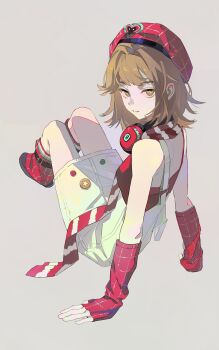 1girl absurdres arm_support bare_shoulders beret black_shoes brown_eyes brown_hair commentary english_commentary from_behind full_body grey_background hat headphones headphones_around_neck highres lijiu looking_at_viewer loose_socks miniskirt official_alternate_costume overall_skirt parted_lips red_arm_warmers red_hat red_socks regulus_(pizza_hut)_(reverse:1999) regulus_(reverse:1999) reverse:1999 scarf shirt shoes short_hair sitting skirt socks solo strapless strapless_shirt striped_clothes striped_scarf two-tone_scarf white_skirt