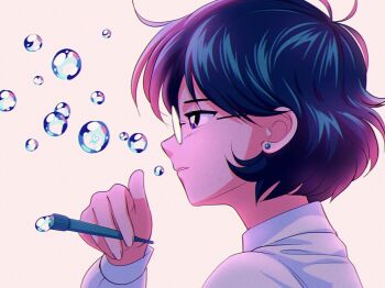 Rule 34 | 1girl, bishoujo senshi sailor moon, blue eyes, blue hair, bubble, earrings, glasses, highres, jewelry, kibblebeans, long sleeves, mizuno ami, shirt, short hair, smile, solo, stud earrings, white background, white shirt