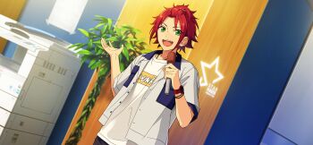 Rule 34 | 1boy, bangs pinned back, bigbang (ensemble stars!), bracelet, buttons, collared shirt, company name, crew neck, curtained hair, ensemble stars!, game cg, green eyes, hair ornament, hairclip, hands up, happy elements, holding, holding microphone, isara mao, jewelry, layered clothes, looking at viewer, male focus, microphone, official art, open clothes, open mouth, open shirt, outstretched hand, plant, red hair, shirt, short hair, short sleeves, solo, teeth, third-party source, upper body, upper teeth only, watch, white shirt, wristwatch