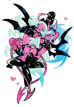 2girls blue_hair breasts colored_skin demon_girl demon_horns demon_tail demon_wings gogeyama green_eyes green_hair highres horns kneesocks_(psg) large_breasts long_hair looking_at_viewer medium_breasts multiple_girls panty_&amp;_stocking_with_garterbelt red_skin revealing_clothes scanty_(psg) tail wings