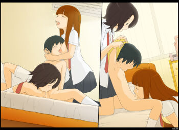 1boy 2girls absurdres age_difference bed black_hair blush brown_hair censored closed_eyes clothed_female_nude_male dutch_angle fellatio green_hair hetero highres indoors long_hair multiple_girls multiple_views nude open_clothes open_mouth oral penis ponpharse school school_uniform short_hair shota skirt small_penis source_request teenage_girl_and_younger_boy undressing