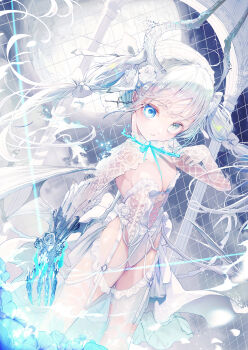 1girl absurdres aqua_eyes aqua_ribbon breasts clothing_request commentary_request demon_girl demon_horns grey_eyes heterochromia highres horns leotard negimapurinn original ribbon small_breasts solo standing thighhighs twintails white_hair white_horns white_leotard white_thighhighs