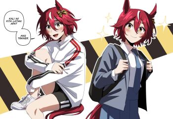 animal_ears bike_shorts blush hair_between_eyes hair_ornament harashu_(harashu96) highres horse horse_ears horse_girl horse_tail indonesian_text jacket necktie original red_hair ribbon school_uniform shoes short_hair sparkle tail track_jacket umamusume white_shoes