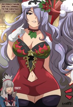 1boy 1girl artist_name breasts camilla_(fire_emblem) choker cleavage clothing_cutout commentary double-parted_bangs english_commentary english_text fire_emblem fire_emblem_fates green_eyes grey_hair hair_between_eyes hair_over_one_eye hat highres japanese_clothes karbuitt large_breasts long_hair navel navel_cutout nintendo parted_bangs ponytail purple_eyes purple_hair santa_hat signature speech_bubble takumi_(fire_emblem) upper_body wavy_hair