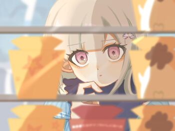 1girl blunt_bangs brown_hair commentary_request danganronpa_(series) danganronpa_2:_goodbye_despair hair_ornament hand_up highres medium_hair nana_ito nanami_chiaki parted_lips pink_eyes solo thinking