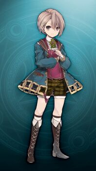 1girl aqua_background blue_jacket boots brown_boots brown_hair full_body green_shorts hair_between_eyes jacket kneehighs long_sleeves open_clothes open_jacket puffy_long_sleeves puffy_sleeves red_vest shirt short_hair shorts socks solo standing vest white_shirt white_socks