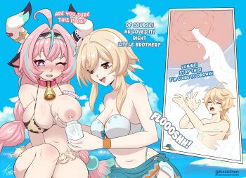 absurdres aether_(genshin_impact) asphyxiation blush bottle drowning embarrassed english_text giant giantess highres lactation lumine_(genshin_impact) milk_bottle smile swimsuit varesa_(genshin_impact)