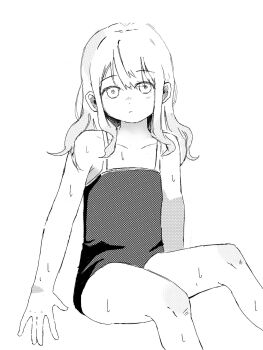 1girl aged_down alternate_costume bang_dream! bang_dream!_it's_mygo!!!!! bare_arms bare_shoulders chinese_commentary closed_mouth commentary_request cowboy_shot dot_nose expressionless flat_chest greyscale hair_down highres invisible_chair knees koricup_q long_hair looking_at_viewer monochrome new_school_swimsuit one-piece_swimsuit school_swimsuit screentones sidelocks simple_background sitting solo swimsuit thighs togawa_sakiko wet white_background