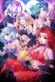 Rule 34 | 6+girls, akanbe, bare shoulders, bishoujo senshi sailor moon, bishoujo senshi sailor moon s, blonde hair, blue eyes, blue hair, braid, breasts, choker, circlet, cleavage, crop top, cyprine (sailor moon), double bun, eudial (sailor moon), eyelid pull, female focus, frilled skirt, frills, green eyes, green hair, hair bun, highres, jewelry, large breasts, medium breasts, mimete (sailor moon), multiple girls, murabito a, necklace, open mouth, pantyhose, ptilol (sailor moon), red eyes, red hair, skirt, smile, star (symbol), tellu (sailor moon), tongue, tongue out, twin braids, viluy (sailor moon), witches 5, wrist cuffs, yellow eyes