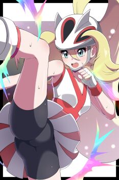 1girl absurdres bare_shoulders bicycle_helmet bike_shorts black_shorts blonde_hair blue_eyes blush breasts dress fingerless_gloves gloves hair_between_eyes hair_through_headwear helmet highres kicking korrina_(pokemon) leg_up long_hair looking_at_viewer nintendo open_mouth pokemon pokemon_xy ponytail shabana_may shirt shorts shorts_under_dress shorts_under_skirt skirt sleeveless sleeveless_dress solo sweat white_dress white_gloves white_helmet