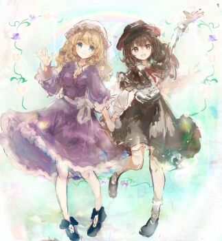 Rule 34 | 2girls, alternate neckwear, black capelet, black hat, black shoes, black skirt, blue eyes, blush, bow, breasts, brown eyes, brown hair, capelet, closed mouth, collared dress, collared shirt, commentary request, contrast collar, dress, frilled dress, frills, hair bow, hat, hat bow, holding hands, leg up, long hair, long sleeves, maribel hearn, medium breasts, mob cap, multiple girls, neck ribbon, purple dress, red ribbon, ribbon, ribbon-trimmed skirt, ribbon trim, sash, shirt, shoes, skirt, smile, socks, touhou, unfinished, usami renko, uwazumi, waving, white bow, white hat, white sash, white shirt, white socks