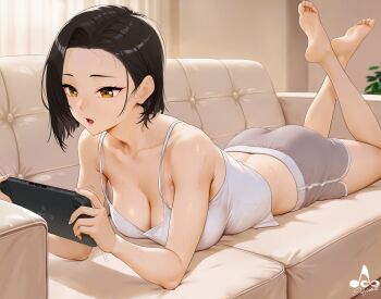 Rule 34 | 1girl, :o, artist logo, black hair, breasts, brown eyes, camisole, cleavage, commentary request, controller, couch, dolphin shorts, game controller, grey shorts, highres, holding, holding controller, holding game controller, indoors, infinote, large breasts, living room, logo, looking at viewer, lying, nintendo switch 2, on couch, on stomach, original, parted lips, short hair, shorts, solo, the pose, watermark, white camisole, yashiki yuuko (infinote)