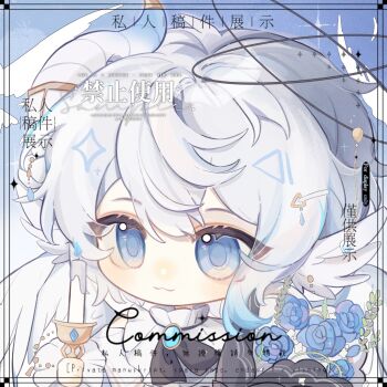 1girl :3 black_bow black_bowtie blue_eyes blue_flower blue_rose bouquet bow bowtie chibi chibi_only closed_mouth commission double-parted_bangs feathered_wings flower hair_between_eyes highres mihuashi_commission original portrait rose senzhongxun shirt short_hair smile solo watermark white_hair white_shirt white_wings wings