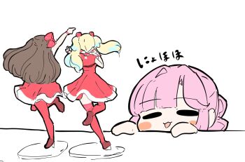 Rule 34 | 1girl, :3, :d, anyoji hime, arm up, blonde hair, blush stickers, brown hair, closed eyes, do! do! do! (love live!), dress, figure, fujishima megumi, hair intakes, highres, leg up, link! like! love live!, long hair, love live!, mira-cra park!, official alternate costume, open mouth, osawa rurino, pink hair, red dress, red thighhighs, short dress, sidelocks, sleeveless, sleeveless dress, smile, solo, tazaki masanobu, thighhighs, translation request, twintails, two side up, virtual youtuber