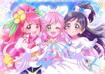 3girls ;d absurdres ascot back_bow black_eyes black_hair blue_bow bow braid brooch center_frills choker closed_mouth commentary cure_grace cure_prism cure_white detached_sleeves dress dress_bow earrings elbow_gloves flower flower_brooch frills futari_wa_precure futari_wa_precure_max_heart girl_sandwich glove_bow gloves green_eyes green_ribbon hair_bow hair_flower hair_ornament hair_ribbon hanadera_nodoka healin&#039;_good_precure heart heart_earrings heart_hair_ornament heart_hands heart_hands_duo highres hirogaru_sky!_precure in-franchise_crossover jacket jewelry leaf_earrings long_hair looking_at_viewer magical_girl mismatched_earrings momo02634 multiple_girls nijigaoka_mashiro one_eye_closed one_side_up open_mouth outstretched_arms pink_choker pink_dress pink_eyes pink_hair pink_jacket precure puffy_short_sleeves puffy_sleeves ribbon sandwiched short_sleeves side_braids sleeveless sleeveless_dress smile sparkle spread_arms standing very_long_hair white_ascot white_bow white_dress white_gloves white_sleeves wide_ponytail wing_brooch yellow_ascot yellow_flower