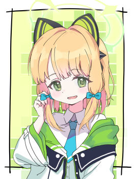 1girl :d animal_ear_headphones animal_ears aqua_bow blonde_hair blue_archive blue_necktie blunt_bangs blush border bow cat_ear_headphones cat_ears collared_shirt colored_eyelashes commentary dress_shirt english_commentary fake_animal_ears fang fingernails green_background green_eyes green_halo hair_bow halo hand_up headphones highres holding_own_hair jacket long_sleeves medium_hair midori_(blue_archive) necktie open_mouth outside_border school_uniform shirt sidelocks simple_background skin_fang smile solo tareme upper_body white_border white_jacket white_shirt wide_sleeves yeechem2002