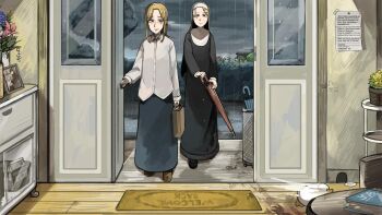 5girls bag bird black_shoes blonde_hair blue_eyes blue_skirt blue_umbrella book brown_shoes chicken clumsy_nun_(diva) commentary diva_(hyxpk) duck english_commentary english_text flower green_umbrella grey_hair hedge highres holding holding_bag holding_umbrella little_nuns_(diva) mother_and_daughter motion_blur multiple_girls note nun photo_(object) rain red_umbrella shirt shoes skirt smug_nun_(diva) strict_nun's_mother_(diva) strict_nun_(diva) traditional_nun umbrella white_shirt