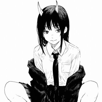 1girl aoki_ruri commentary_request dragon_girl dragon_horns dress_shirt feet_out_of_frame greyscale highres horns isuke_(isuke_now) jacket jacket_partially_removed looking_at_viewer monochrome necktie pleated_skirt ruridragon school_uniform shirt simple_background sitting skirt slit_pupils solo spread_legs white_background