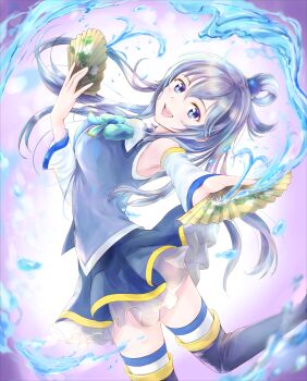 Rule 34 | 1girl, aqua (konosuba), bare shoulders, blue boots, blue eyes, blue hair, blue shirt, boots, breasts, choppy bangs, commentary request, cowboy shot, detached sleeves, folding fan, from side, hair between eyes, hair ornament, hair rings, hand fan, highres, holding, holding fan, hydrokinesis, kono subarashii sekai ni shukufuku wo!, kototomari, large breasts, long hair, long sleeves, looking at viewer, open mouth, shirt, sleeveless, sleeveless shirt, smile, solo, sphere hair ornament, thigh boots, water