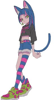 1girl 2020 animal_ears belt blue_hair cat_ears cat_girl cat_tail clothes_writing colored_inner_hair earrings green_eyes green_footwear highres if959u jewelry kung-fu-piggy multicolored_hair pink_belt sammy_(kung-fu-piggy) socks streaked_hair striped_clothes striped_socks tail triangle_earrings two-tone_hair