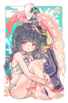 Rule 34 | 1girl, ahoge, bare legs, barefoot, bikini, black hair, blue archive, blunt bangs, blunt ends, blush, border, braid, bright pupils, chinese commentary, commentary request, crossed ankles, day, feet, flat chest, from side, full body, furrowed brow, highres, hime cut, hugging own legs, knees up, leaf, leaf on head, leaf print, light smile, long hair, looking at viewer, miyu (blue archive), miyu (swimsuit) (blue archive), ocean, octopus, official alternate costume, official alternate hairstyle, open mouth, outdoors, outside border, print bikini, red eyes, sidelocks, sitting, soles, solo, swimsuit, tearing up, thighs, toes, twin braids, weapon case, white bikini, white border, white pupils, xianyuzi