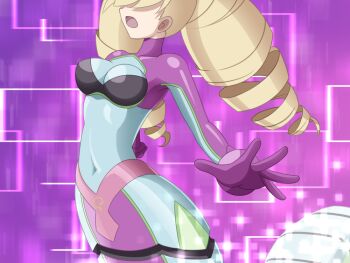 1girl blonde_hair bodysuit breasts drill_hair em_wave_change_(mega_man) gloves hair_over_eyes henshin k0n0n lamia long_hair luna_platz_(mega_man) mega_man_(series) mega_man_star_force_(series) mind_control monster_girl multicolored_bodysuit open_mouth purple_background purple_gloves queen_ophiuca_(mega_man) twin_drills two-tone_bodysuit very_long_hair