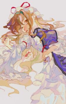 1girl blonde_hair brown_eyes commentary_request cowboy_shot dress frilled_dress frills hat hat_ribbon highres juliet_sleeves long_sleeves looking_at_viewer lying mob_cap on_back open_mouth puffy_sleeves purple_tabard red_ribbon ribbon shinjitsu_no_kuchi simple_background solo tabard touhou wavy_hair white_background white_dress white_hat yakumo_yukari