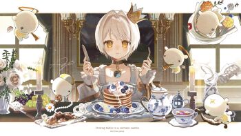 Rule 34 | 1girl, animal, asa going, blueberry, candle, choker, cookie, cream, crown, crown (crownia), crownia, cup, dining room, dress, flower, flying animal, food, fork, fruit, hair intakes, hashtag-only commentary, highres, holding, holding fork, holding knife, imminent eating, indoors, knife, letterboxed, long sleeves, looking at viewer, mini crown, outside border, pancake, pancake stack, parted lips, plate, pointed crown, saucer, short hair, solo, straight-on, swept bangs, table, tapir, tea, tea set, teacup, teapot, tray, white dress, white flower, white hair, yellow eyes