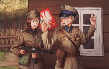 1boy 1girl absurdres ammunition_pouch artist_name at_gunpoint badge belt belt_buckle betrayal bird black_headwear blonde_hair blue_headwear brown_belt brown_eyes brown_hair brown_headwear brown_pants brown_shirt buckle building coat_of_arms collar_tabs commentary cross dirt eagle english_commentary epaulettes facing_away fence finger_on_trigger foliage furrowed_brow grass grzegorz1996 gun hair_bun hammer_and_sickle hands_up hat hat_ornament highres holding holding_gun holding_weapon holster insignia long_sleeves looking_at_another medal military military_hat mixed-language_commentary multicolored_headwear nose open_mouth original outdoors pants path peaked_cap pocket poland polish_army polish_commentary pouch pps-43 red_star road rogatywka shirt short_hair single_hair_bun soldier star_(symbol) star_hat_ornament strap submachine_gun teeth threat tree upper_teeth_only weapon window wooden_fence