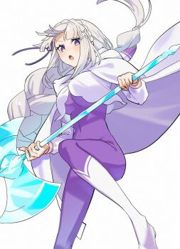 1girl axe battle_axe bodysuit braid breasts cloak commentary_request cryokinesis emilia_(re:zero) grey_hair hood hood_down ice looking_at_viewer open_mouth purple_bodysuit purple_eyes re:zero_kara_hajimeru_isekai_seikatsu serious shoes simple_background solo umeno_(tuzk7284) weapon white_background white_cloak white_shoes