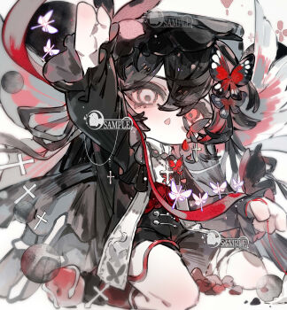 absurdres animal apple black_hair black_shorts black_veil bug butterfly butterfly_hair_ornament chibi chibi_only cross cross_earrings cross_necklace earrings eyelashes food fruit ge_ge_yu hair_between_eyes hair_ornament heterochromia highres insect jewelry long_hair long_sleeves looking_at_viewer makeup necklace original parted_lips red_butterfly red_eyes red_ribbon ribbon rouge_(makeup) sample_watermark sash shorts sidelocks sitting snake solo veil watermark white_eyes white_sash