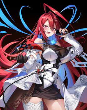 1girl :d absurdres ahoge aoi_13 black_skirt blue_fire blue_hair breasts colored_inner_hair commentary_request contrapposto dress earrings elizabeth_rose_bloodflame elizabeth_rose_bloodflame_(1st_costume) fire fire_on_chest halter_dress halterneck hand_up highres holding holding_microphone hololive hololive_english huge_ahoge jacket jewelry large_breasts long_hair looking_at_viewer microphone miniskirt multicolored_hair open_mouth red_eyes red_hair single_earring single_hair_intake single_thighhigh skirt skirt_under_dress smile solo teeth thighhighs upper_teeth_only very_long_hair virtual_youtuber white_dress white_jacket white_thighhighs